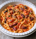 Linguines à la crème de tomates fraiches et aux olives de kalamata
